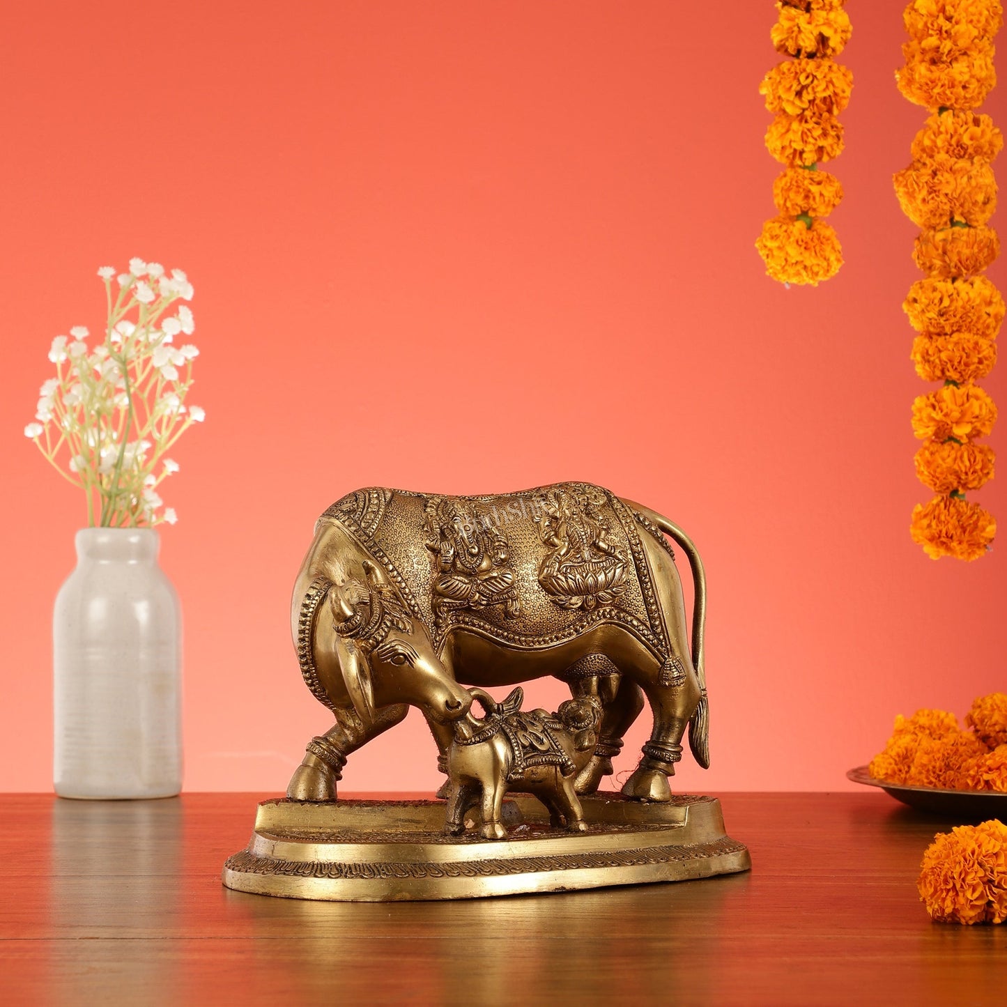 Brass Superfine Kamdhenu Cow with Calf Idol 8.5 inch