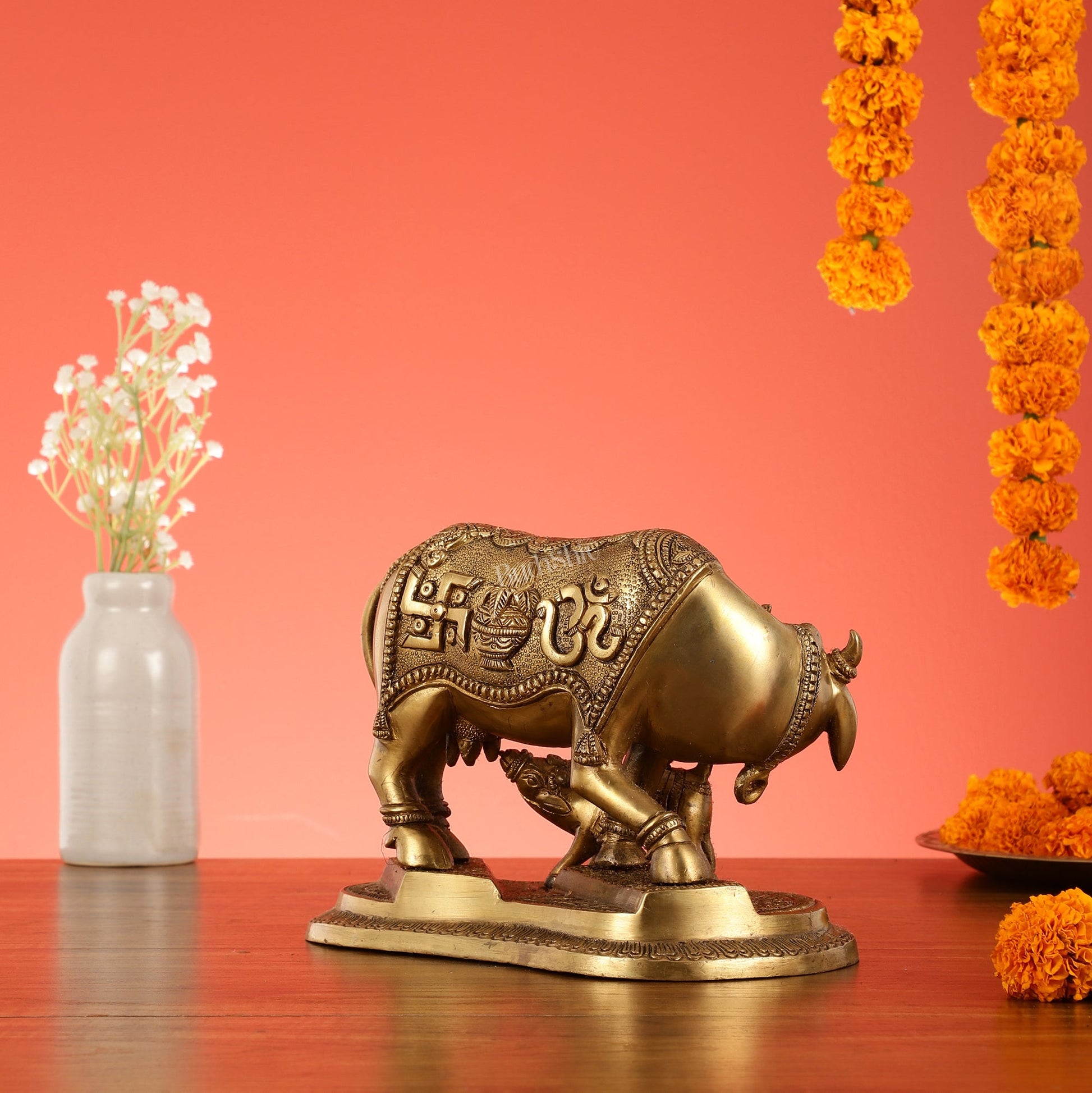 Brass Superfine Kamdhenu Cow with Calf Idol 8.5 inch