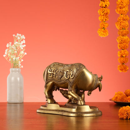 Brass Superfine Kamdhenu Cow with Calf Idol 8.5 inch