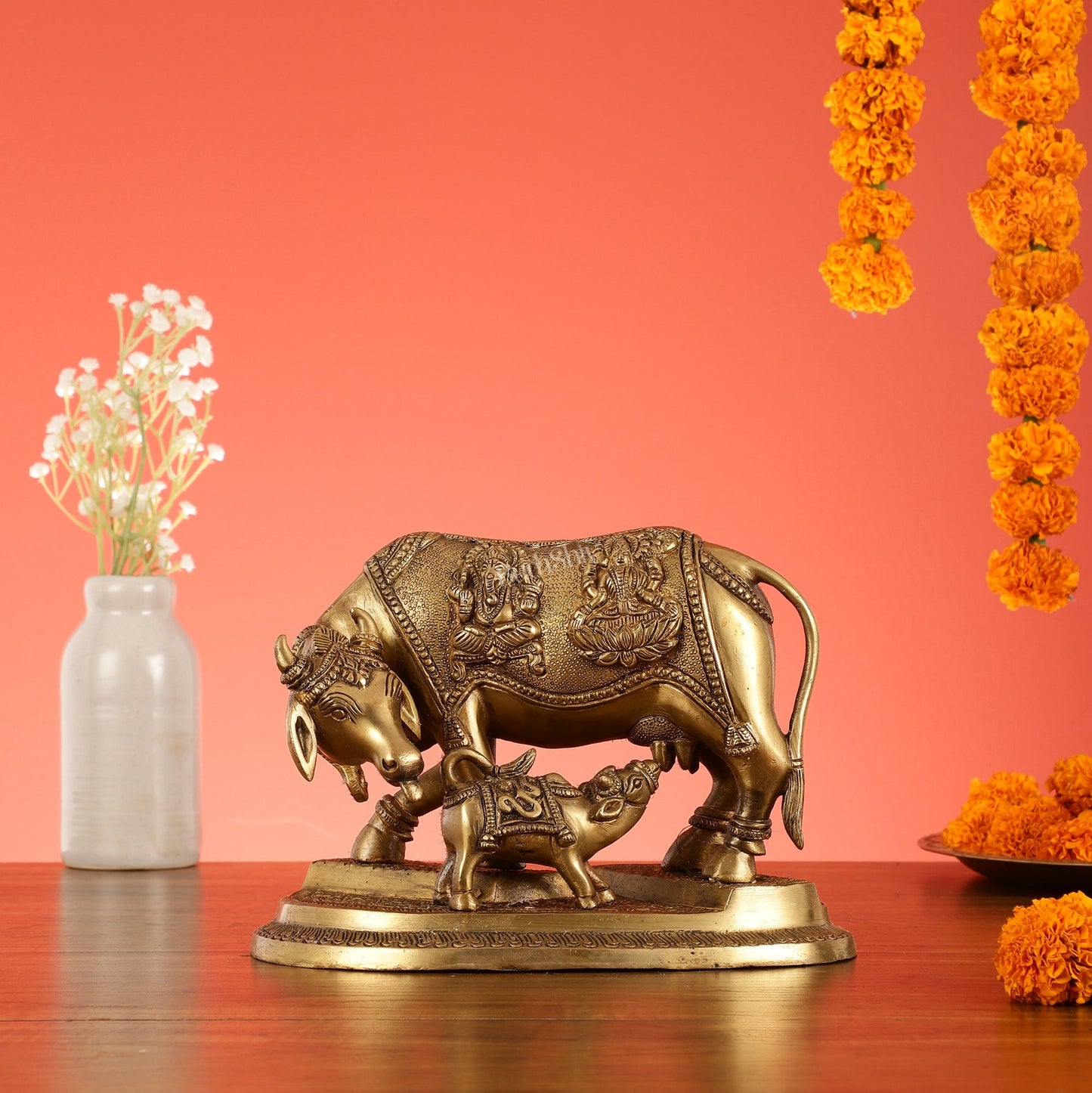 Brass Superfine Kamdhenu Cow with Calf Idol 8.5 inch