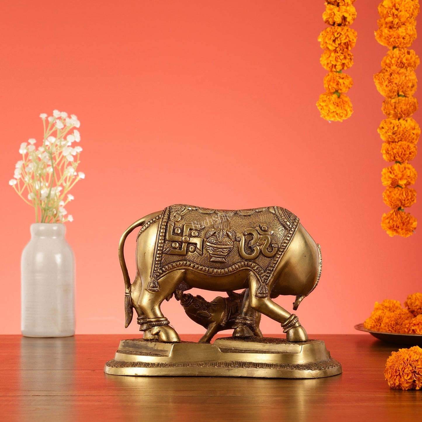 Brass Superfine Kamdhenu Cow with Calf Idol 8.5 inch