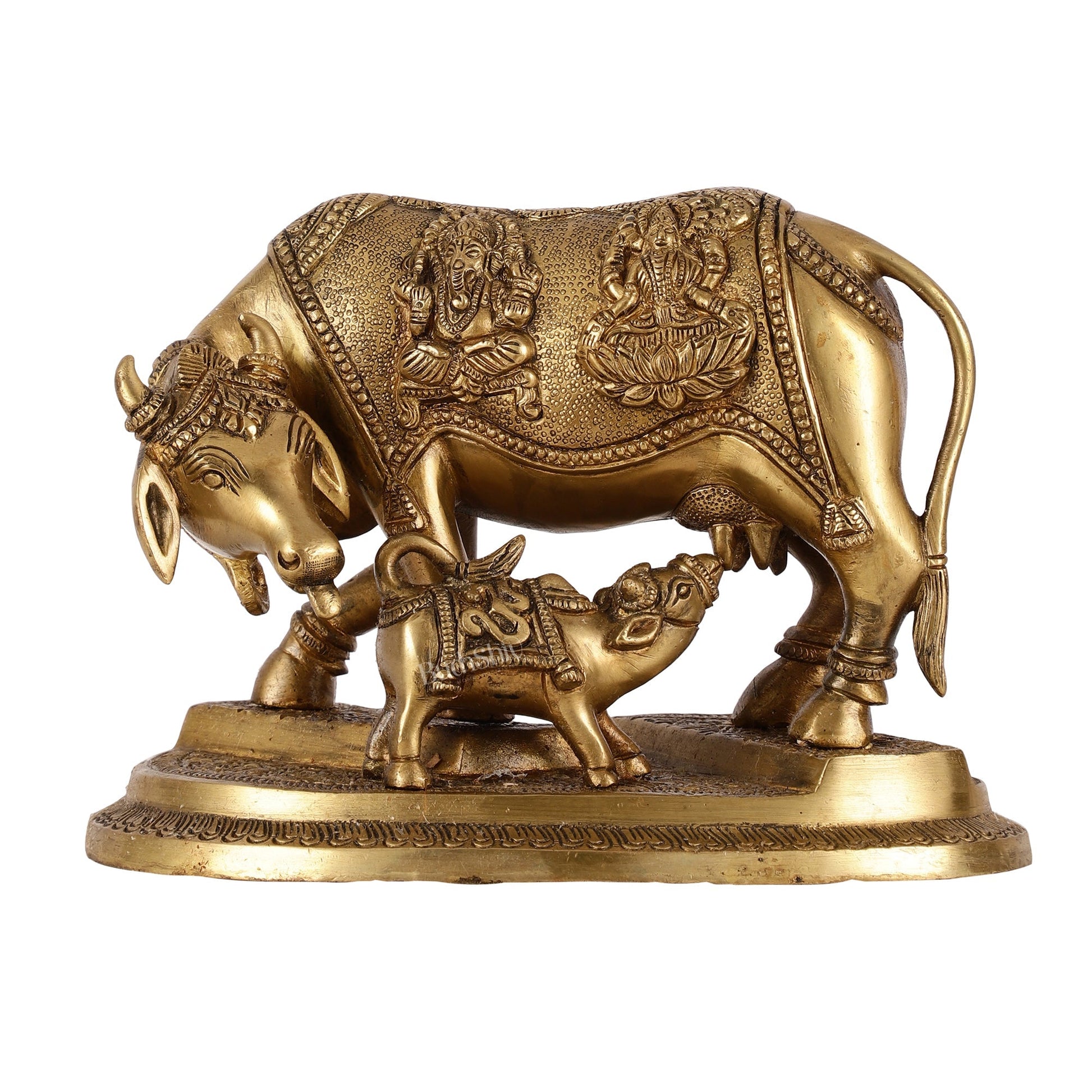 Brass Superfine Kamdhenu Cow with Calf Idol 8.5 inch