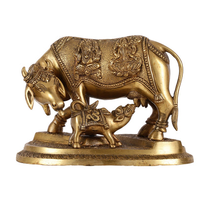 Brass Superfine Kamdhenu Cow with Calf Idol 8.5 inch