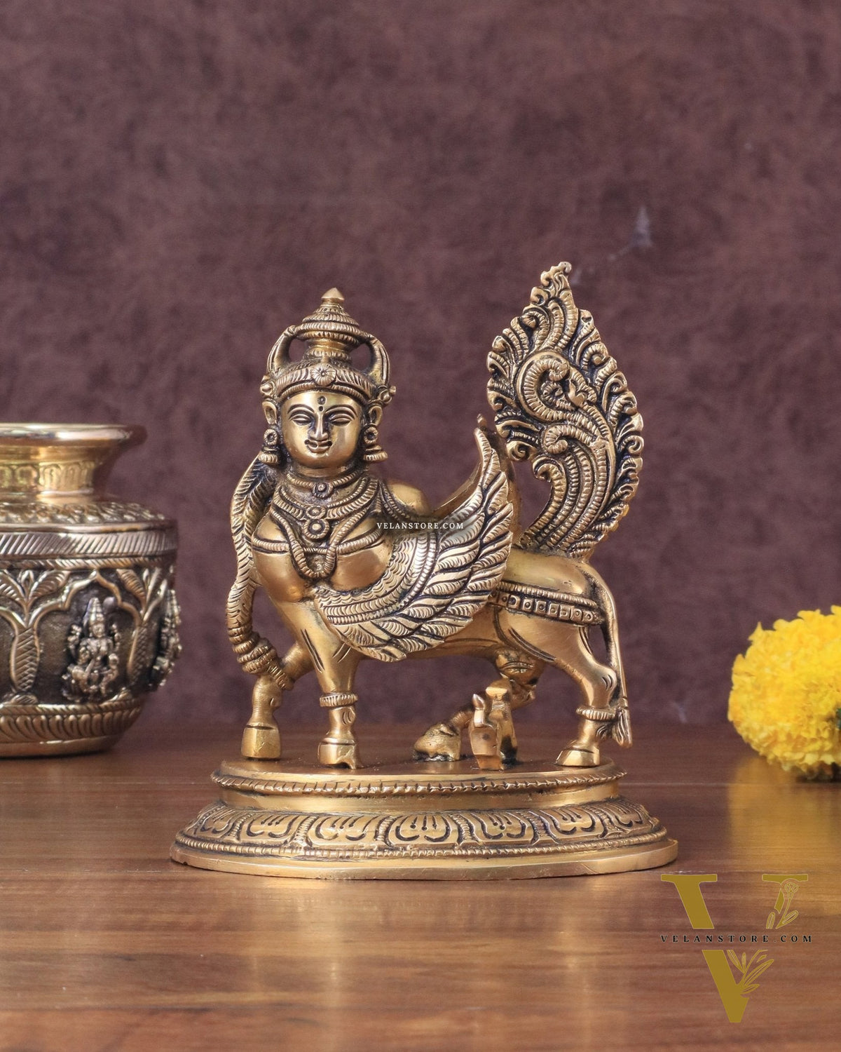 Brass Superfine Kamdhenu Cow with Calf Idol - Gold Finish, Divine Symbol of Abundance