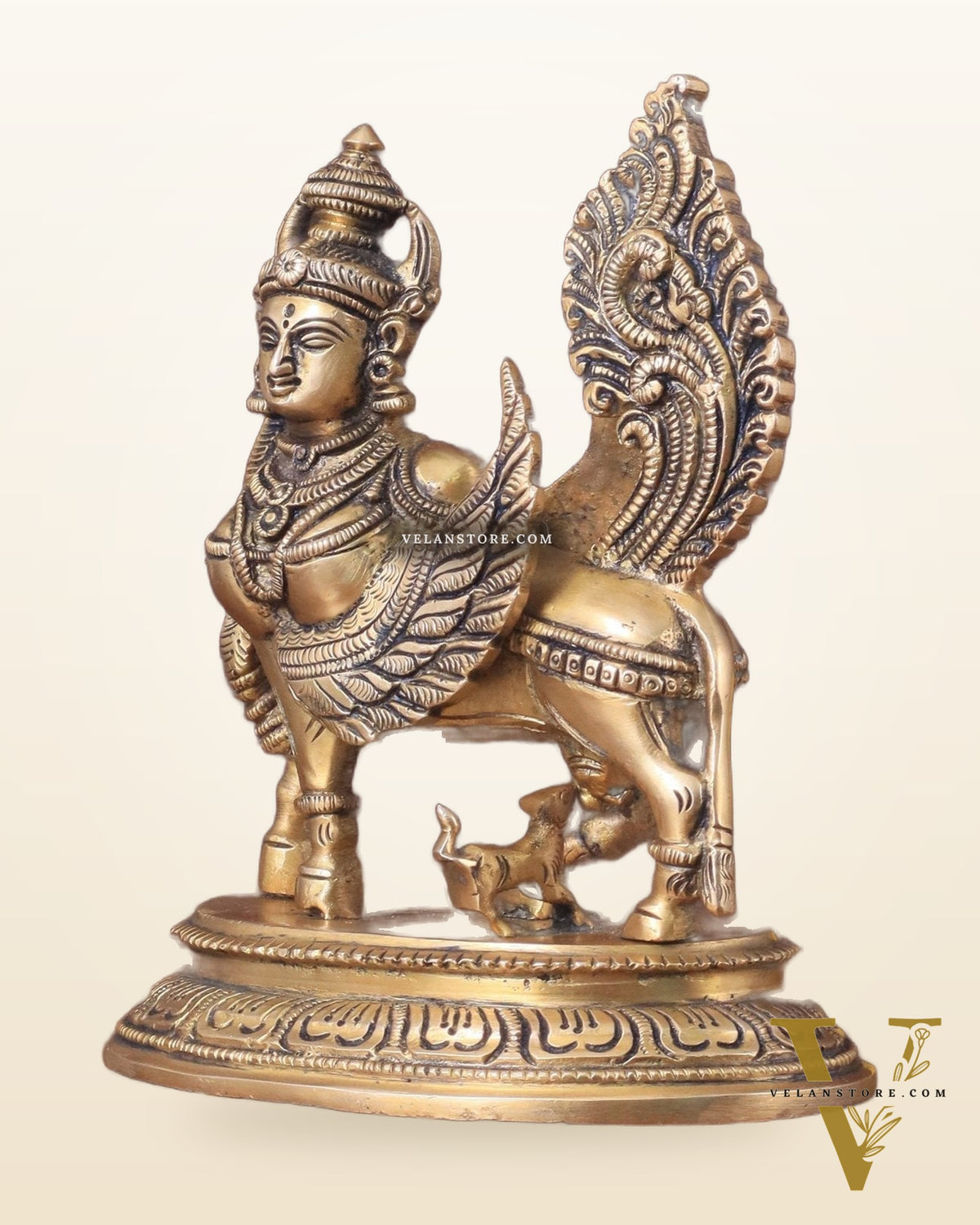 Brass Superfine Kamdhenu Cow with Calf Idol - Gold Finish, Divine Symbol of Abundance