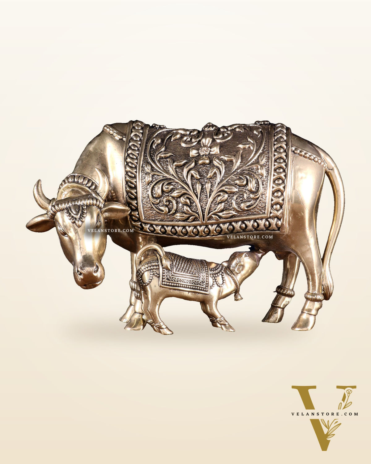 Brass Superfine Kamdhenu Cow with Calf – Intricate Hollow-Casted Idol 8 inch