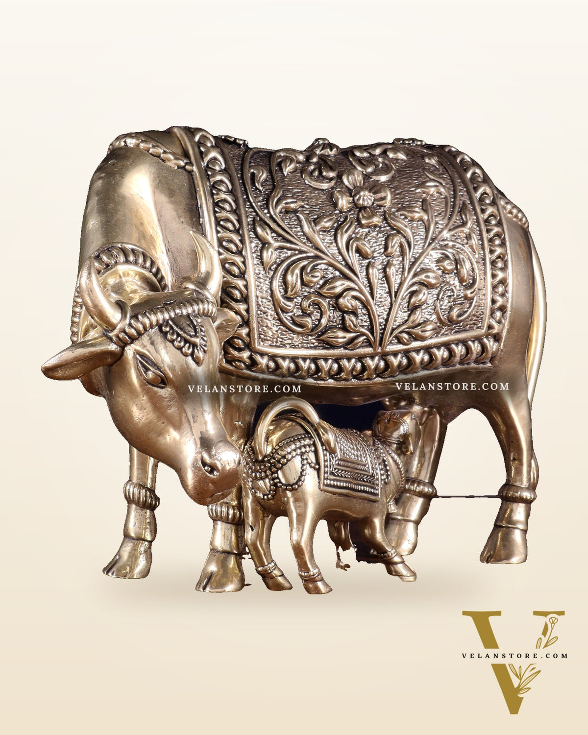 Brass Superfine Kamdhenu Cow with Calf – Intricate Hollow-Casted Idol 8 inch