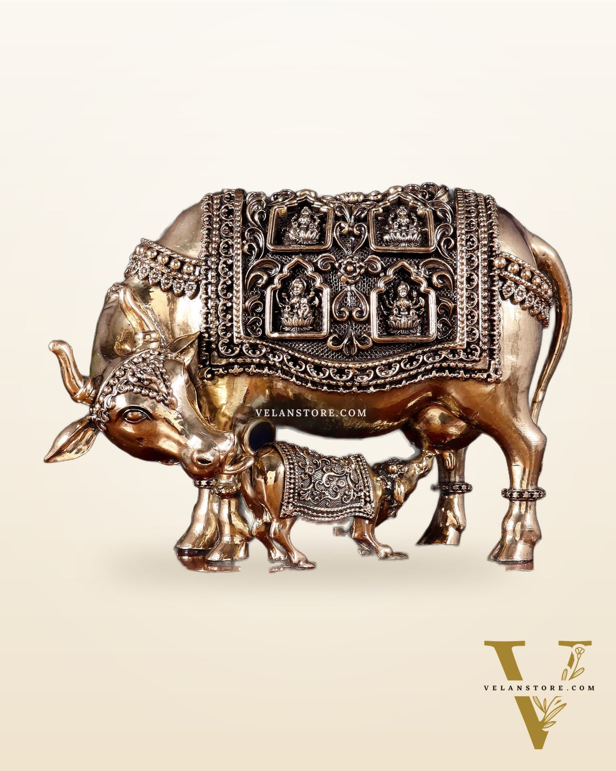Brass Superfine Kamdhenu Cow with Calf with ashtalakshmi carvings on Wooden Base – 9.5 Inch