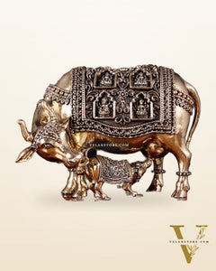 Brass Superfine Kamdhenu Cow with Calf with ashtalakshmi carvings on Wooden Base – 9.5 Inch