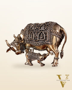 Brass Superfine Kamdhenu Cow with Calf with ashtalakshmi carvings on Wooden Base – 9.5 Inch