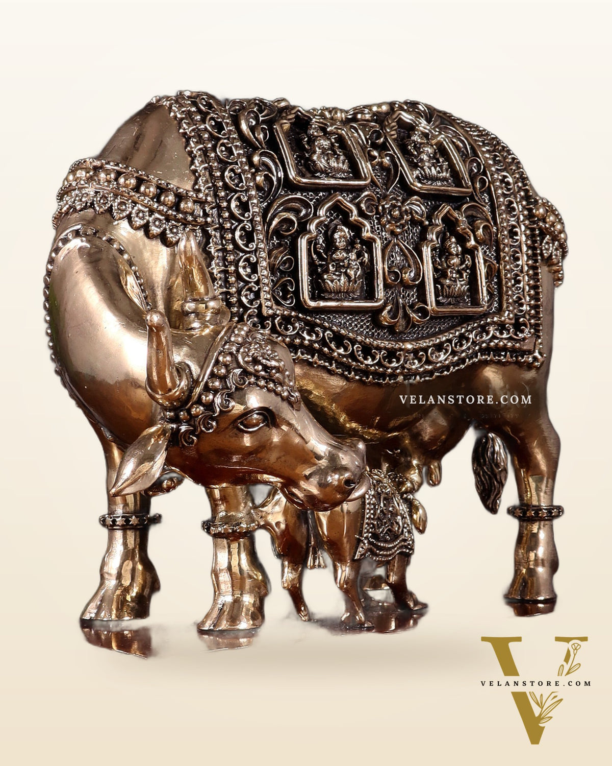 Brass Superfine Kamdhenu Cow with Calf with ashtalakshmi carvings on Wooden Base – 9.5 Inch