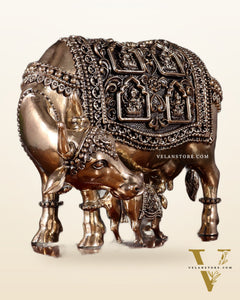 Brass Superfine Kamdhenu Cow with Calf with ashtalakshmi carvings on Wooden Base – 9.5 Inch