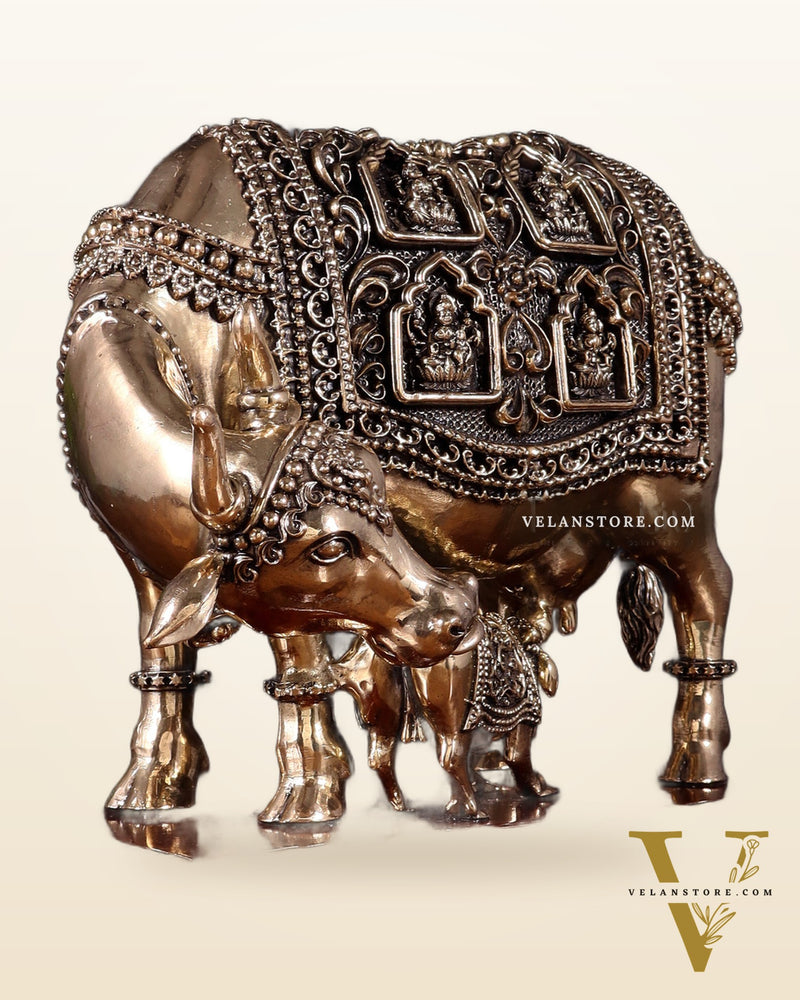 Brass Superfine Kamdhenu Cow with Calf with ashtalakshmi carvings on Wooden Base – 9.5 Inch