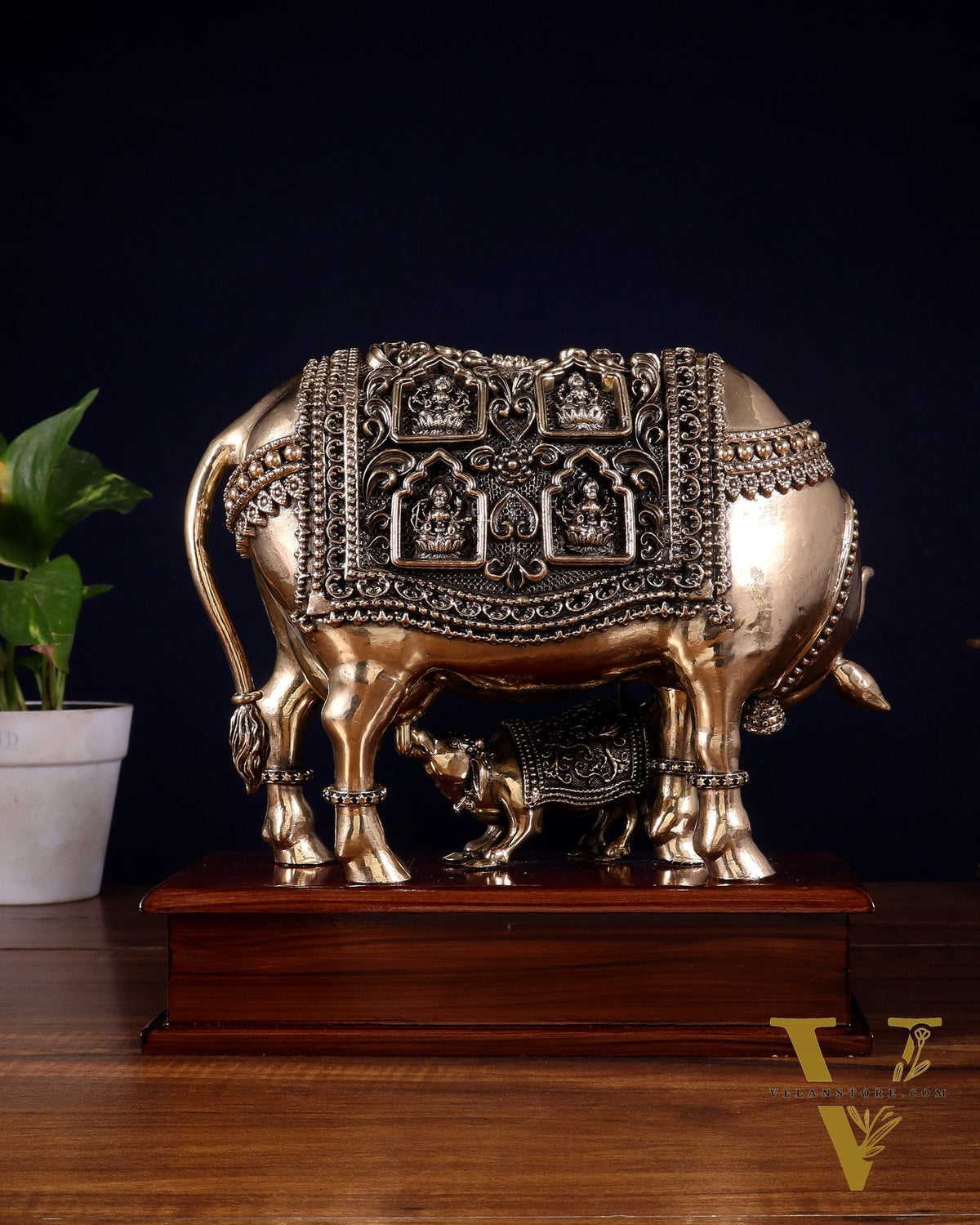 Brass Superfine Kamdhenu Cow with Calf with ashtalakshmi carvings on Wooden Base – 9.5 Inch