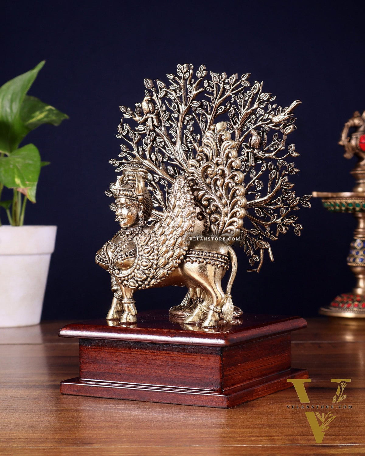 Brass Superfine Kamdhenu Cow with Goddess Face under Kalpavriksha tree on Wooden Base – 8 Inch