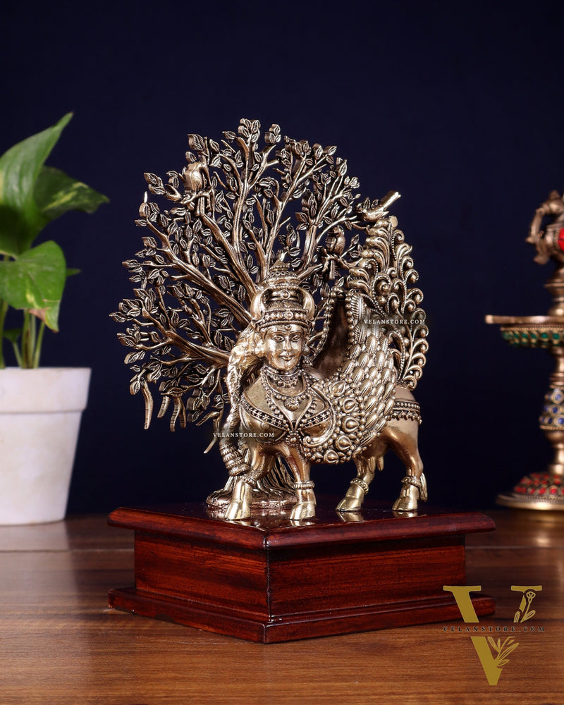 Brass Superfine Kamdhenu Cow with Goddess Face under Kalpavriksha tree on Wooden Base – 8 Inch