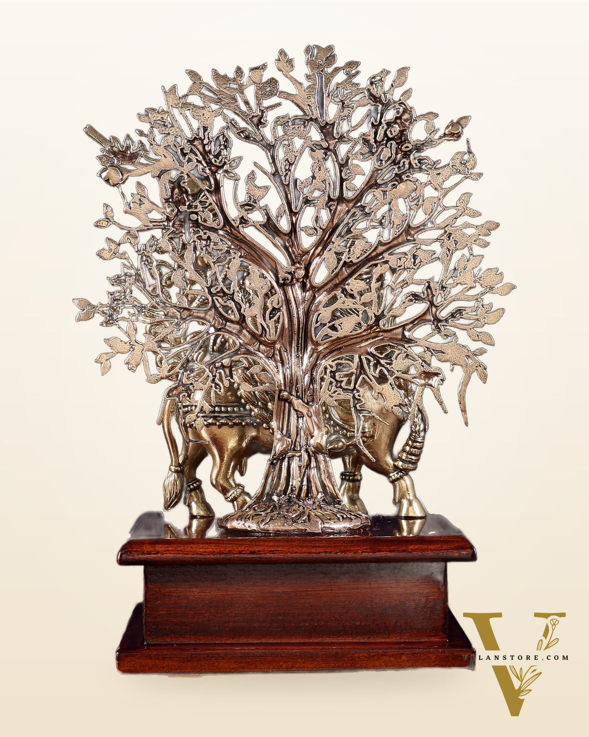 Brass Superfine Kamdhenu Cow with Goddess Face under Kalpavriksha tree on Wooden Base – 8 Inch