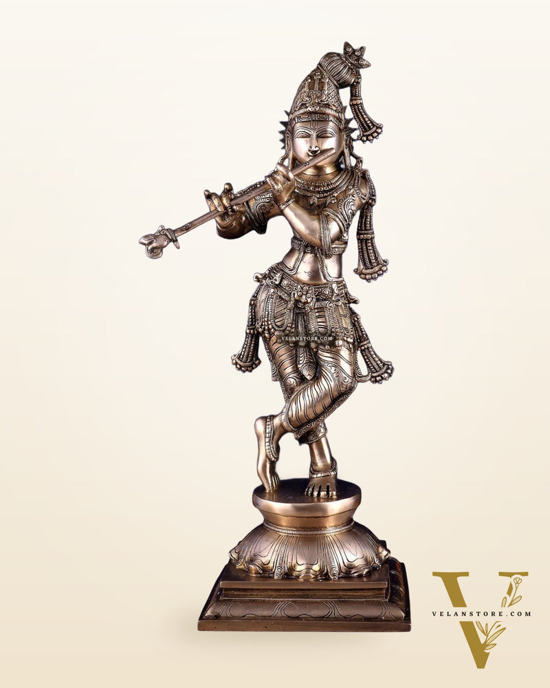 Brass Superfine Krishna Sculpture with Unique Crown & Stance - 23.5"