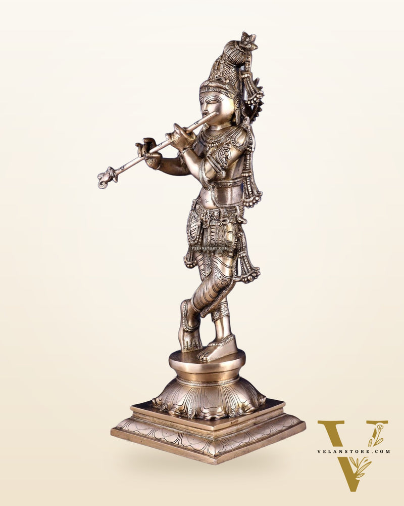 Brass Superfine Krishna Sculpture with Unique Crown & Stance - 23.5"