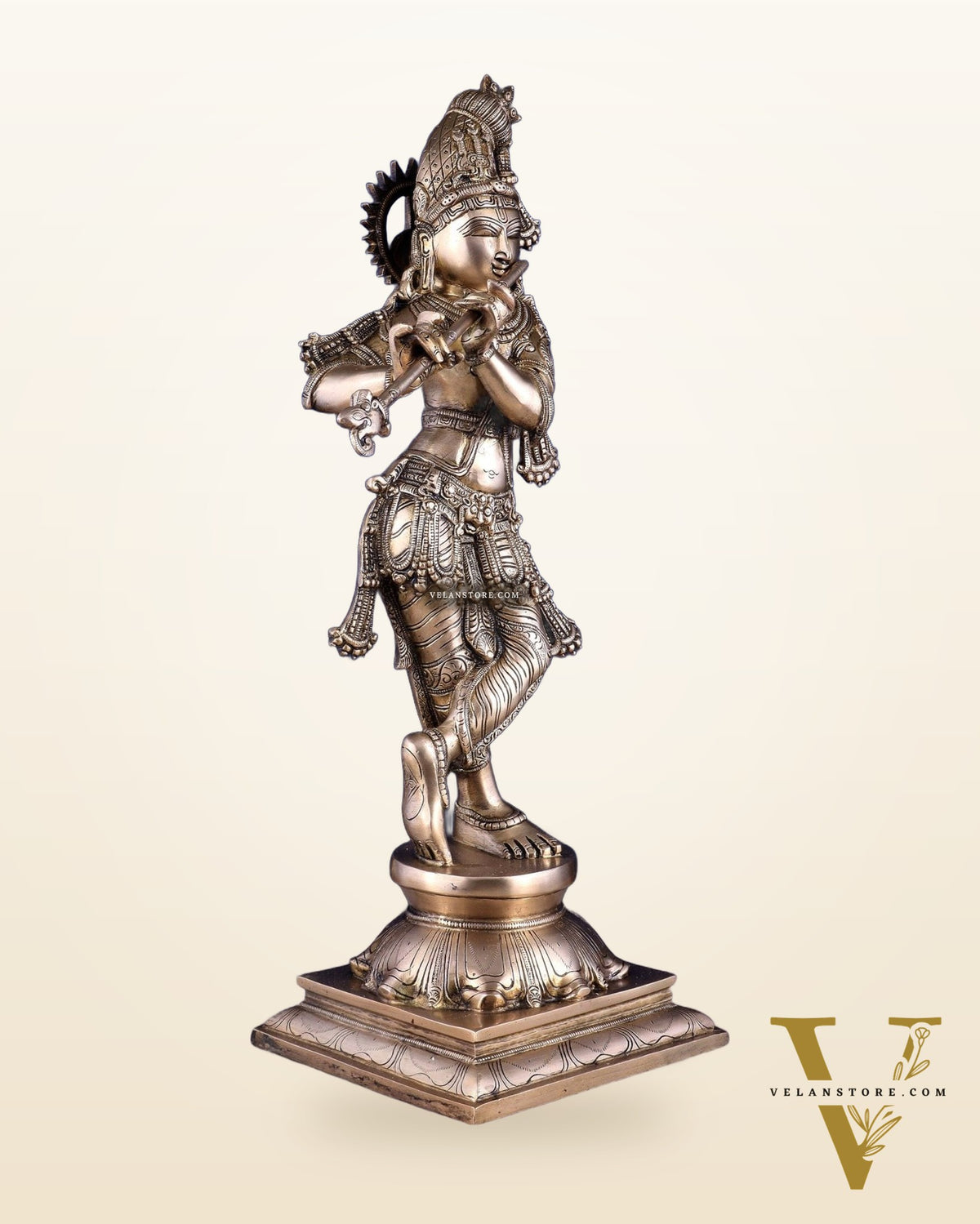 Brass Superfine Krishna Sculpture with Unique Crown & Stance - 23.5"