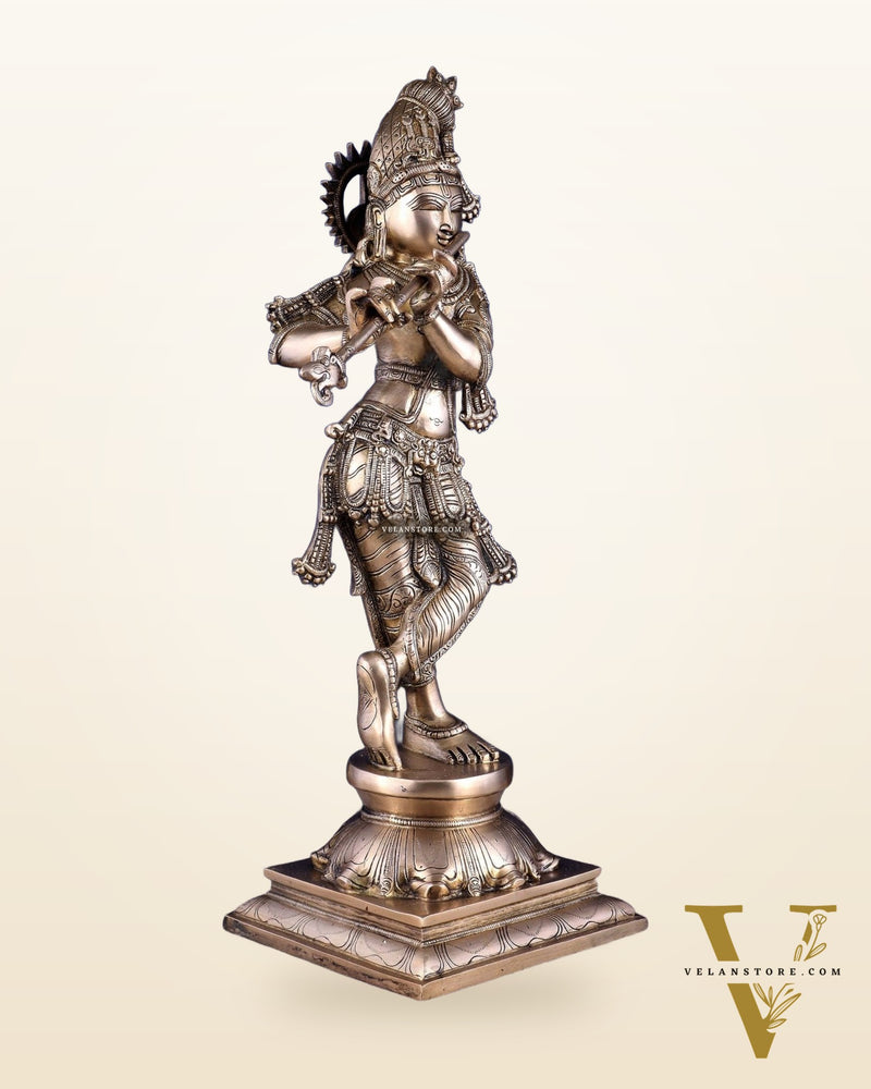 Brass Superfine Krishna Sculpture with Unique Crown & Stance - 23.5"