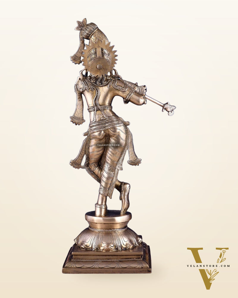Brass Superfine Krishna Sculpture with Unique Crown & Stance - 23.5"