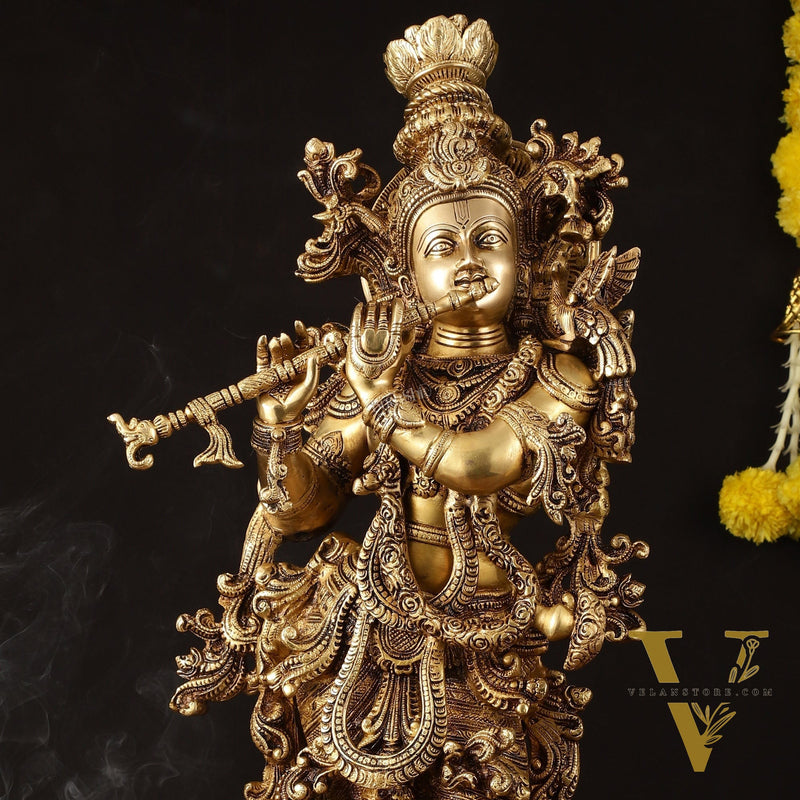 Brass Superfine Krishna Statue - 30" Height, Exquisite Craftsmanship