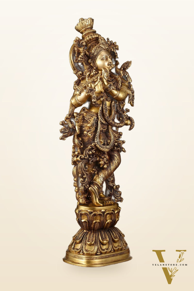 Brass Superfine Krishna Statue - 30" Height, Exquisite Craftsmanship