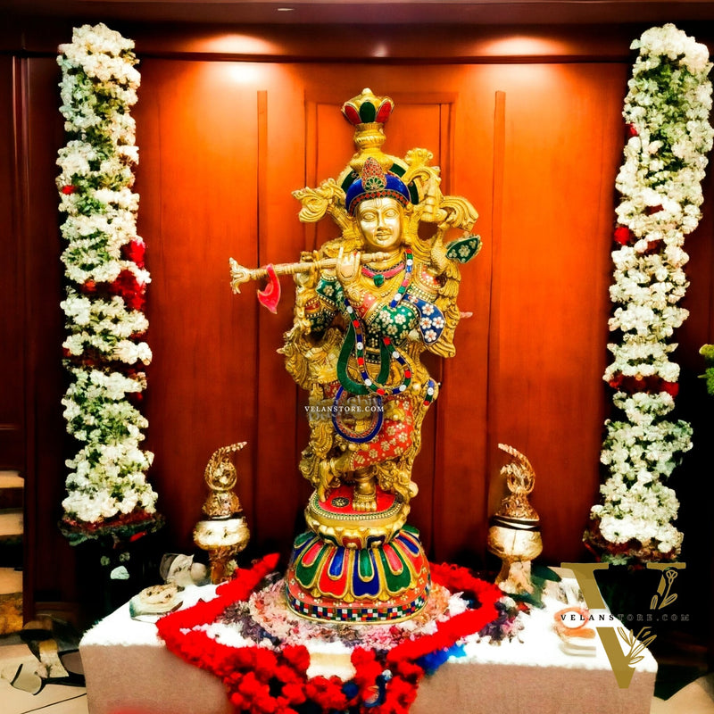 Brass Superfine Krishna Statue | 36 Inch | Inlay Stonework