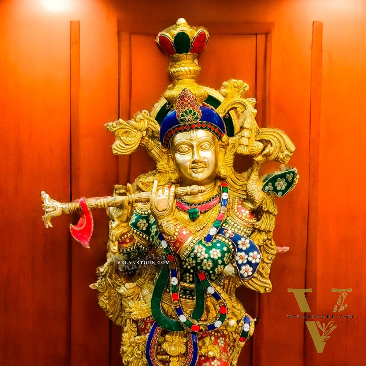 Brass Superfine Krishna Statue | 36 Inch | Inlay Stonework