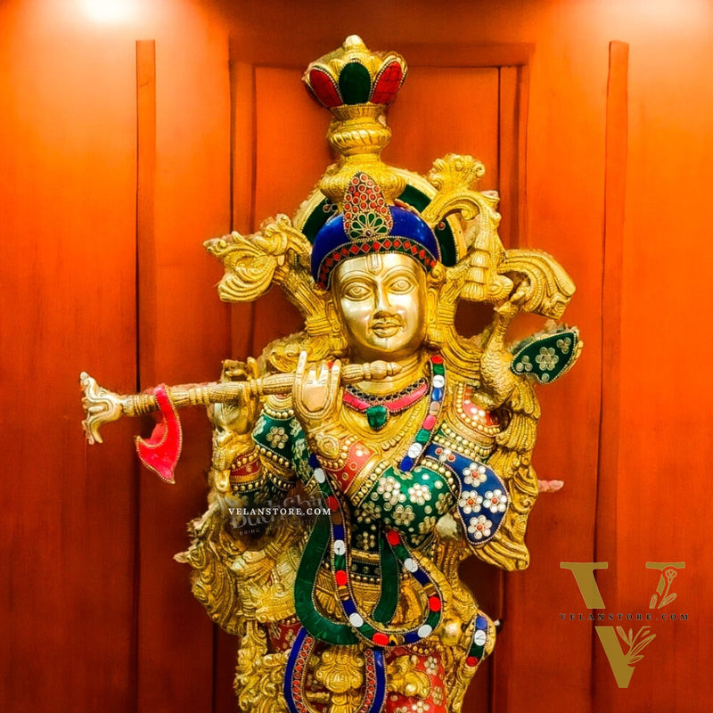 Brass Superfine Krishna Statue | 36 Inch | Inlay Stonework