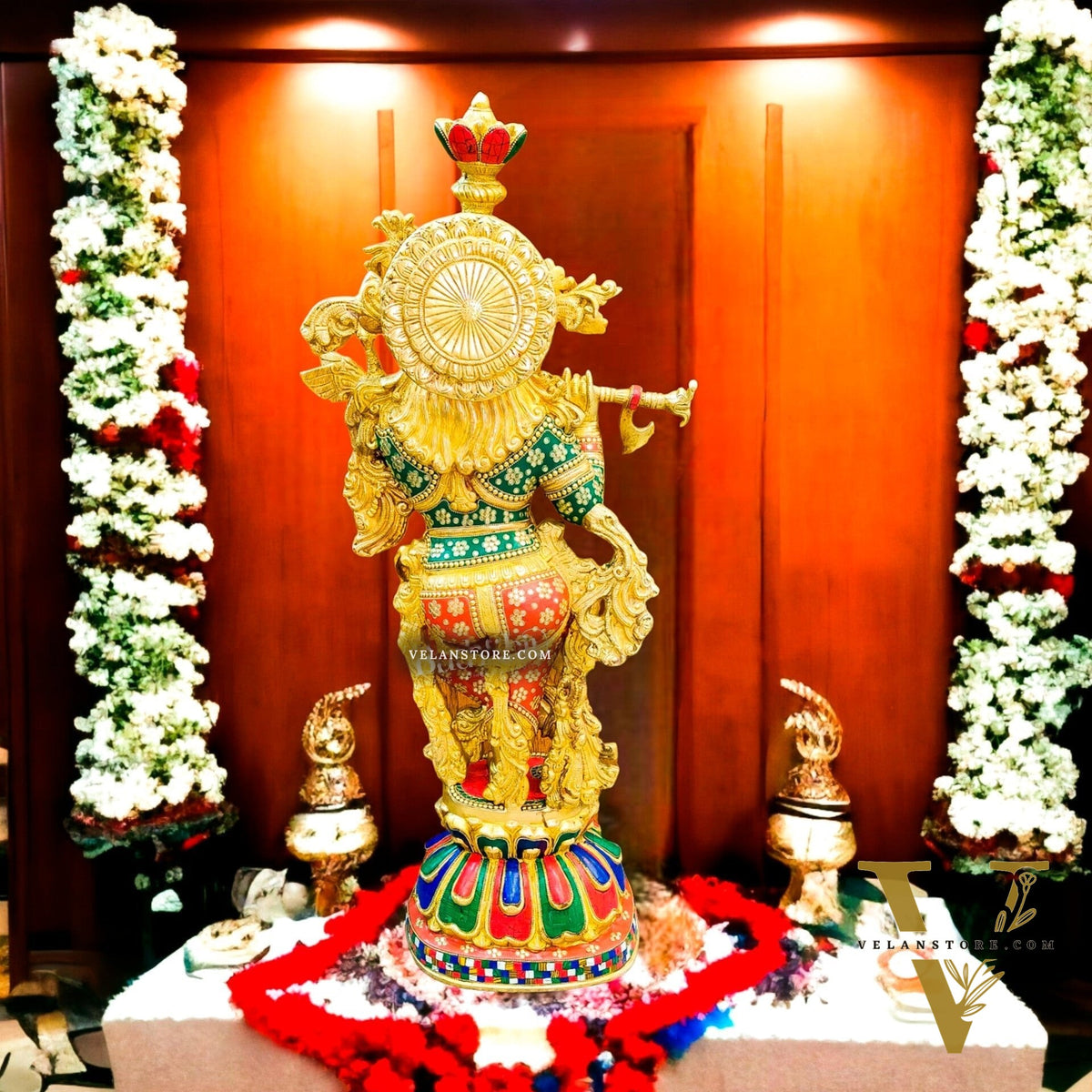 Brass Superfine Krishna Statue | 36 Inch | Inlay Stonework