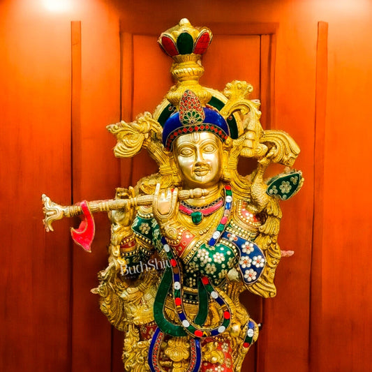 Brass Superfine Krishna Statue | 36 Inch | Inlay Stonework
