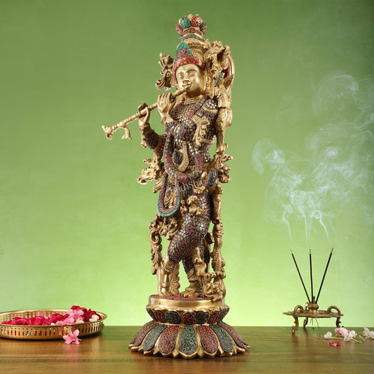 Brass Superfine Krishna Statue on lotus base 26"