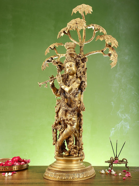 Brass Superfine Krishna under Kalpavriksha statue 35"