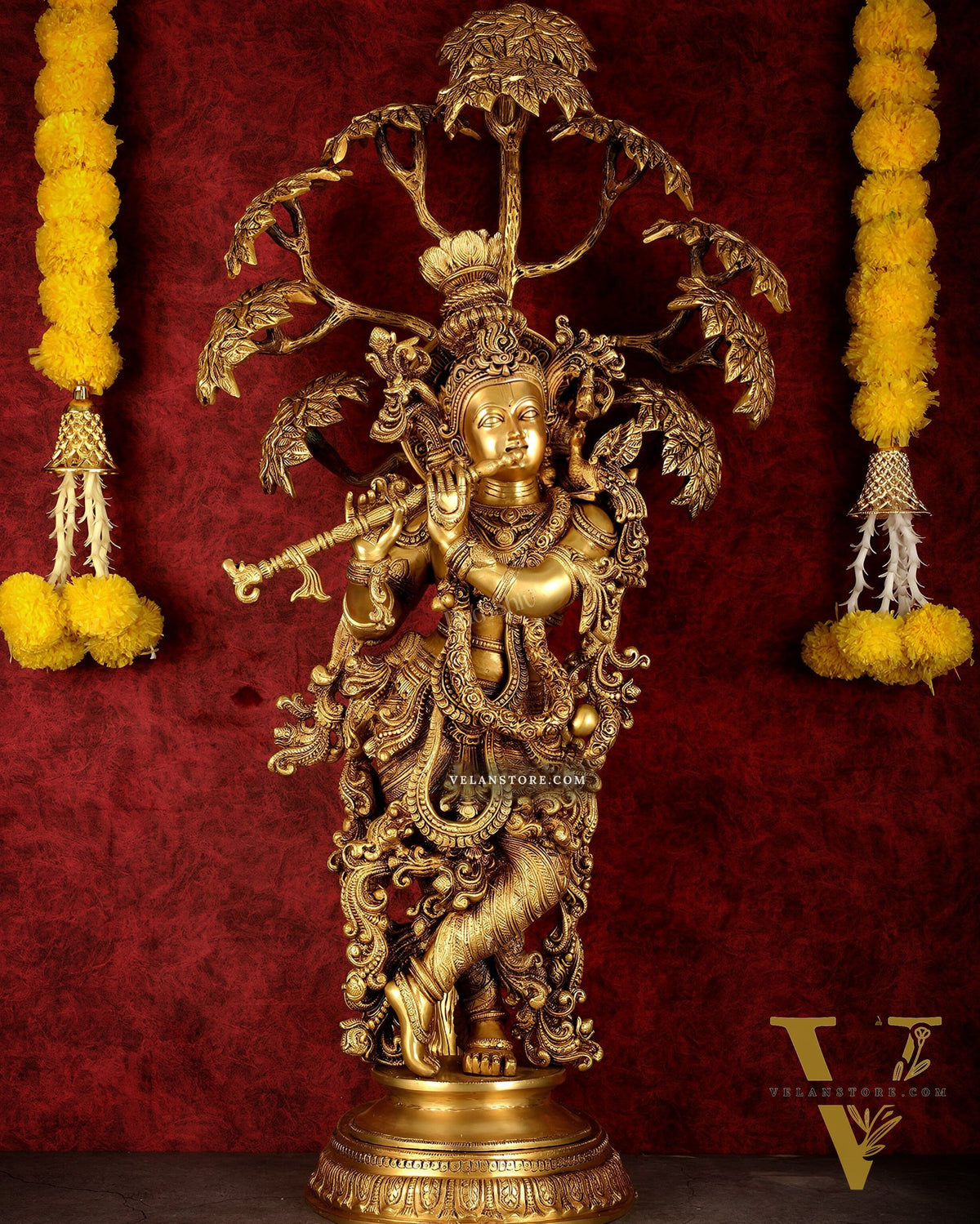 Brass Superfine Krishna under tree statue 35"