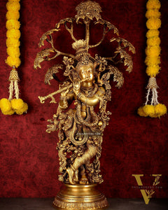 Brass Superfine Krishna under tree statue 35"