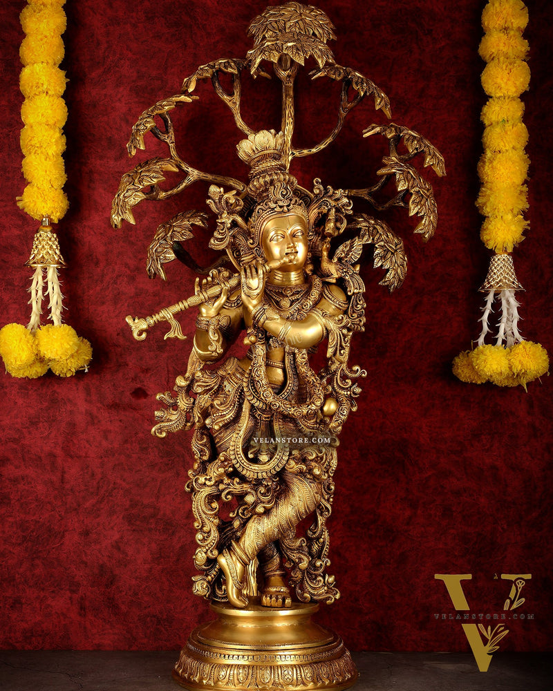 Brass Superfine Krishna under tree statue 35"