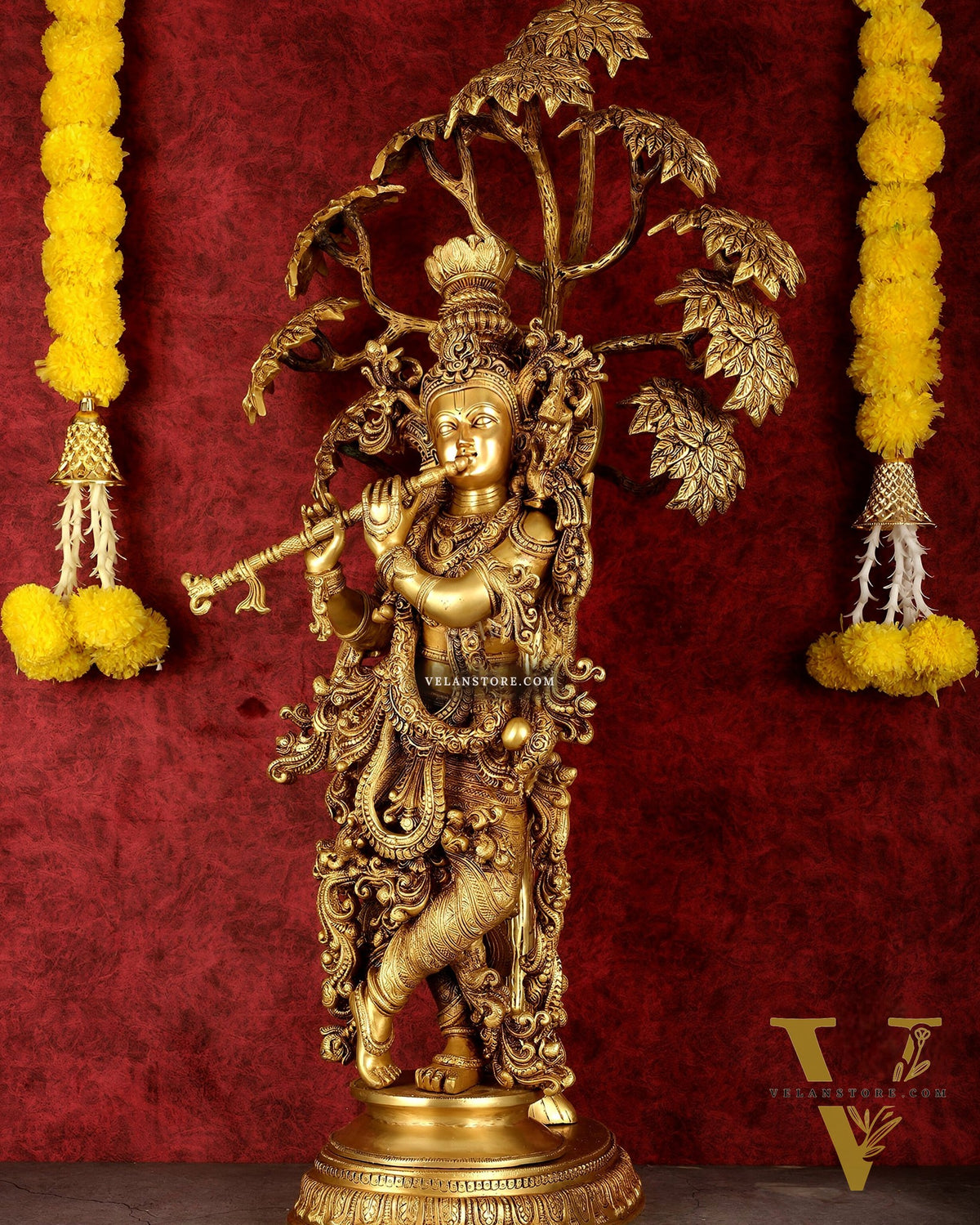 Brass Superfine Krishna under tree statue 35"