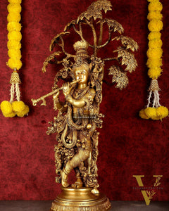 Brass Superfine Krishna under tree statue 35"
