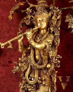 Brass Superfine Krishna under tree statue 35"
