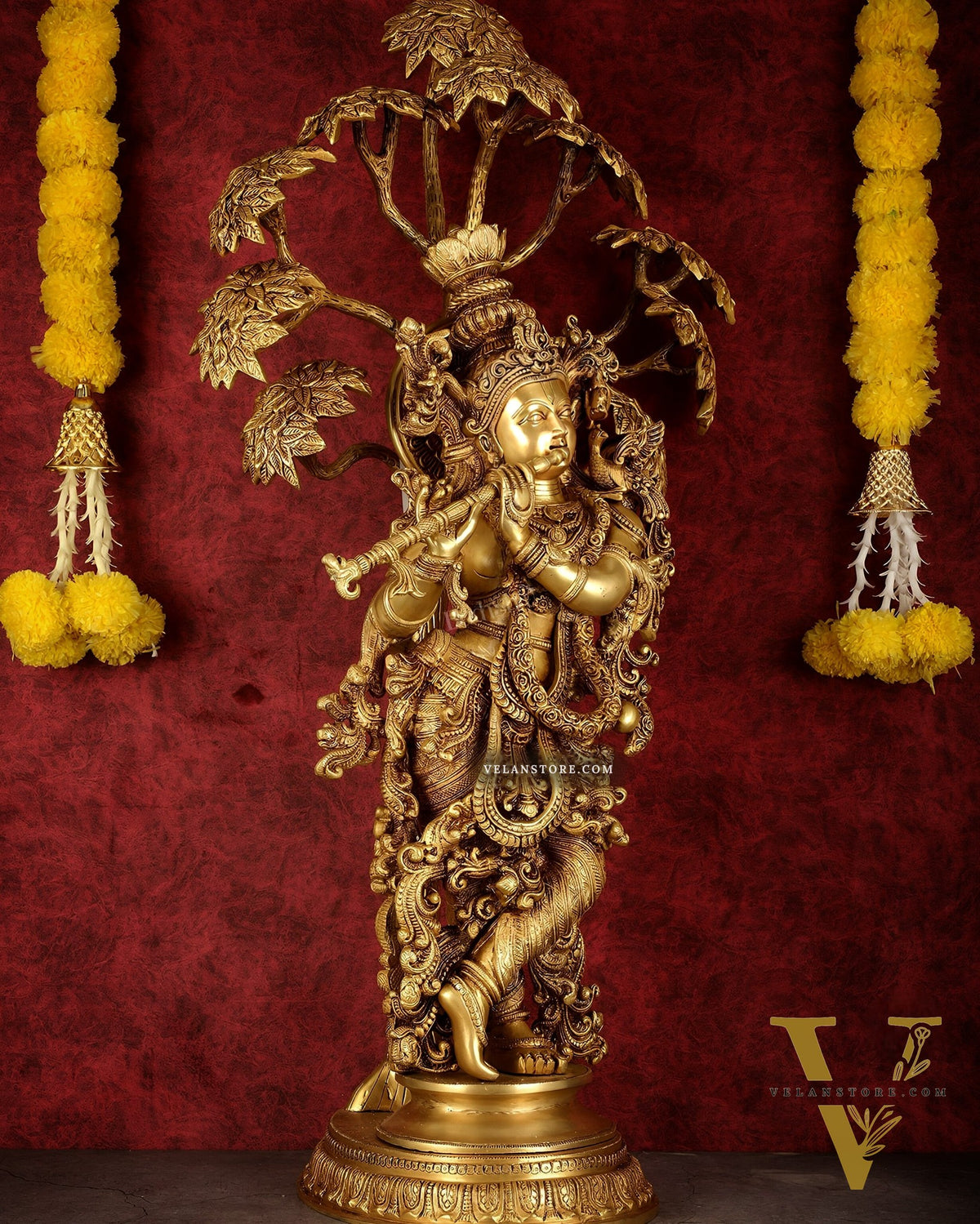 Brass Superfine Krishna under tree statue 35"