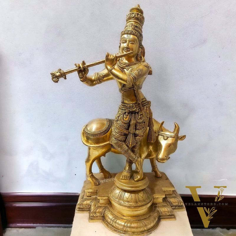 Brass Superfine Krishna With Cow idol 26 inch