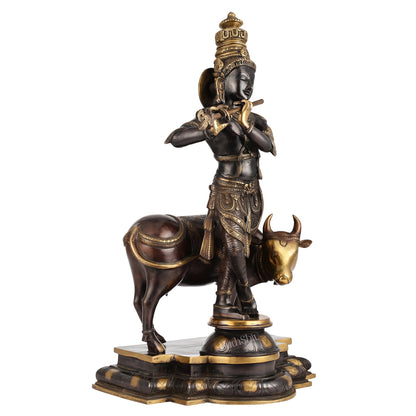 Superfine Krishna with Cow Statue - Handcrafted Brass, 26" Tall, 27kg