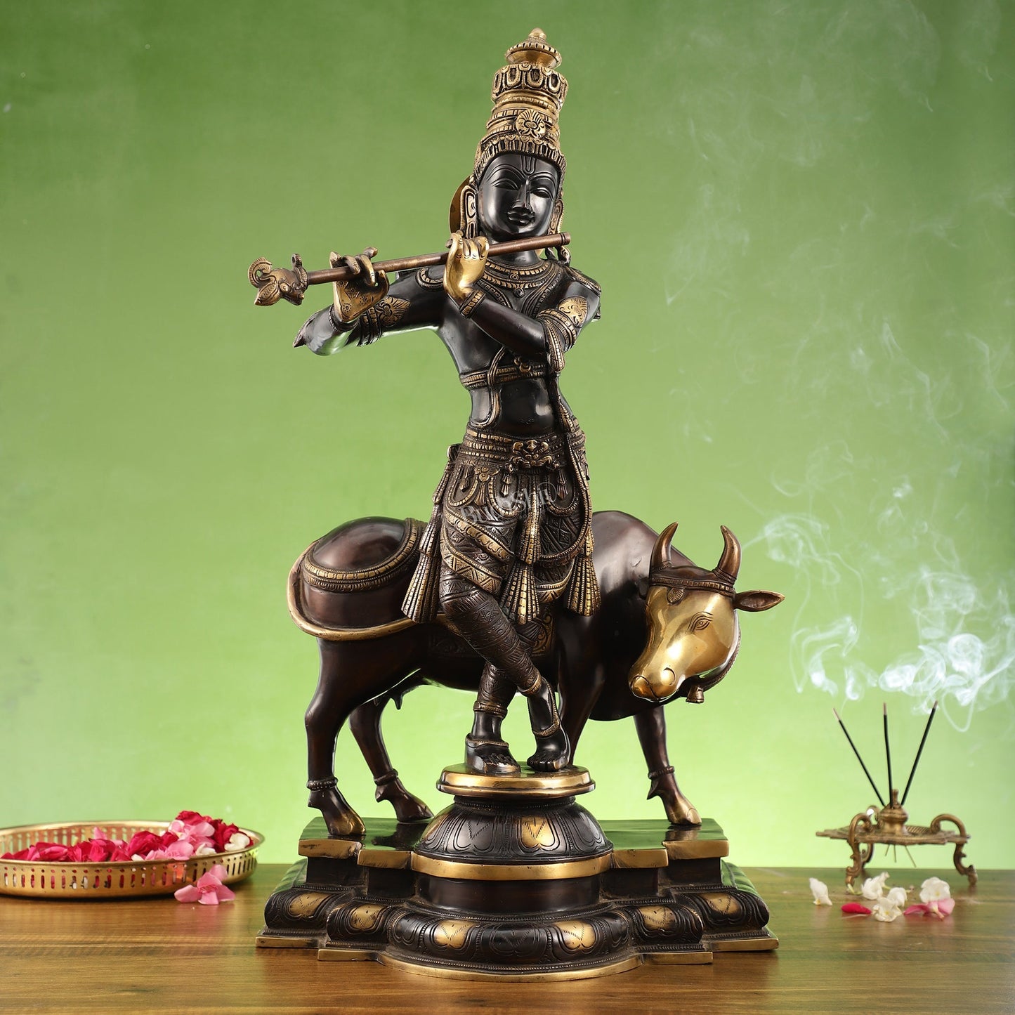 Superfine Krishna with Cow Statue - Handcrafted Brass, 26" Tall, 27kg
