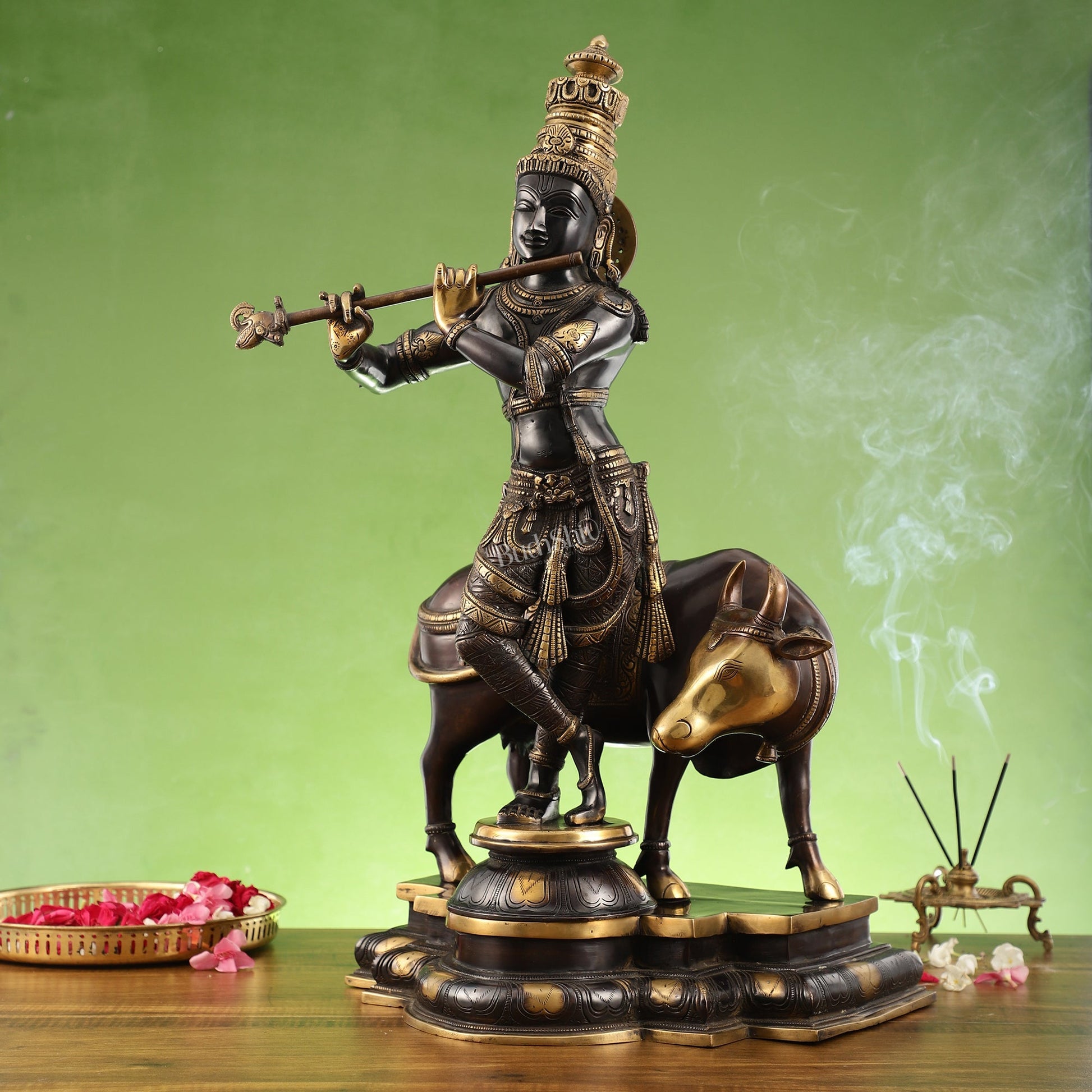 Superfine Krishna with Cow Statue - Handcrafted Brass, 26" Tall, 27kg