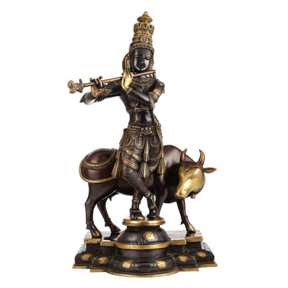 Superfine Krishna with Cow Statue - Handcrafted Brass, 26" Tall, 27kg
