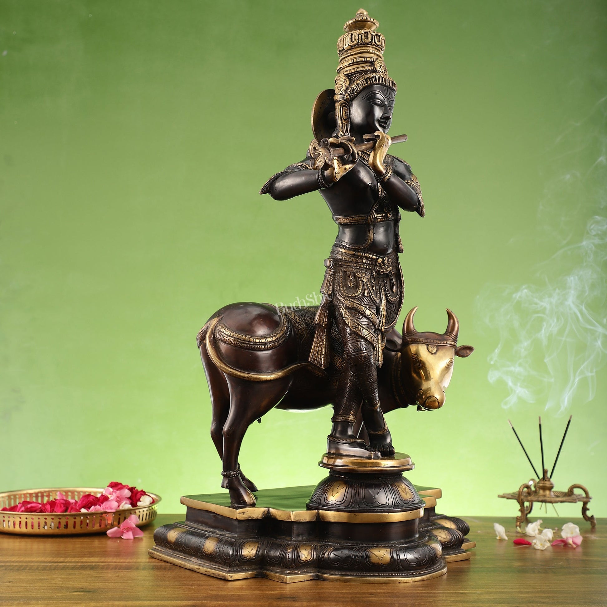 Superfine Krishna with Cow Statue - Handcrafted Brass, 26" Tall, 27kg