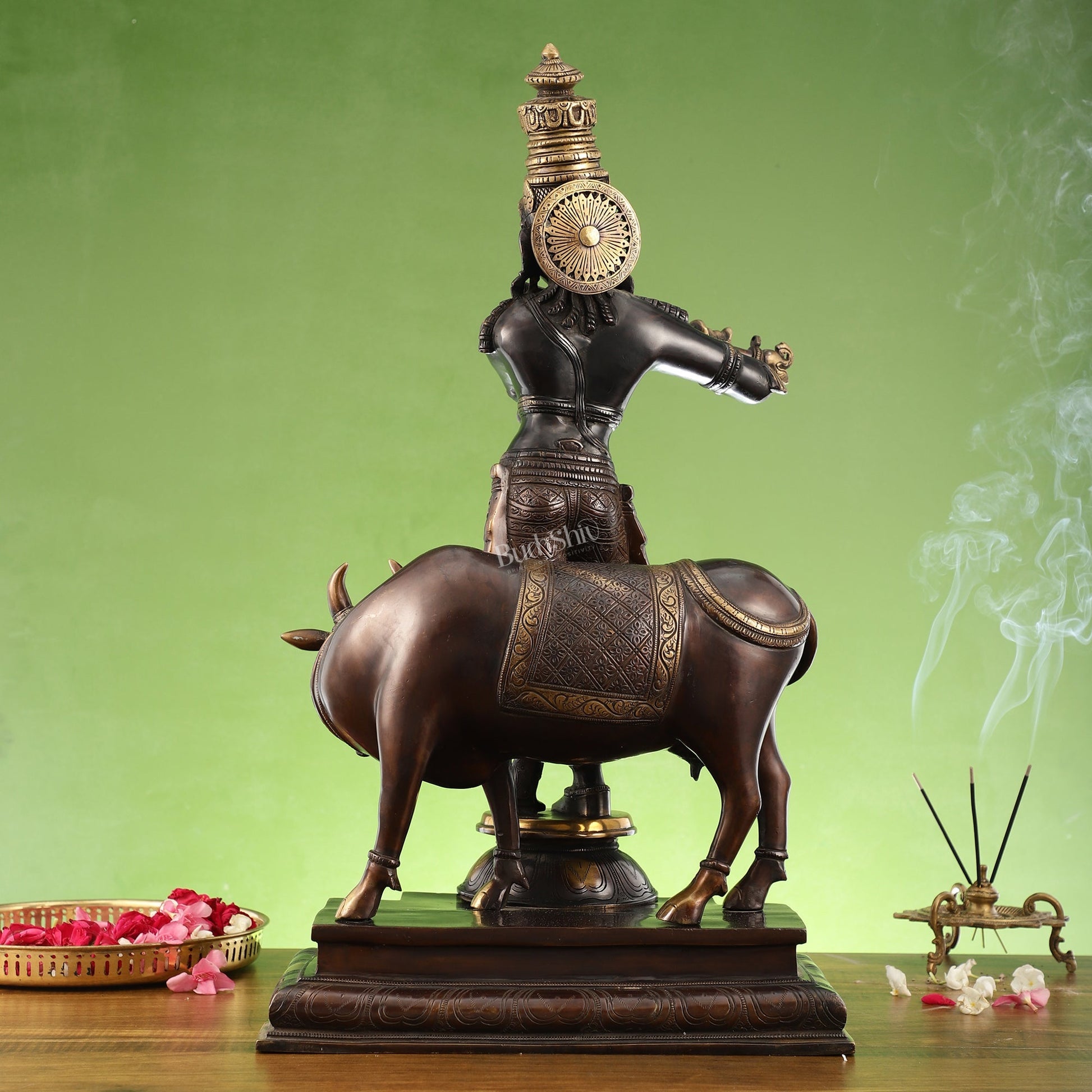 Superfine Krishna with Cow Statue - Handcrafted Brass, 26" Tall, 27kg