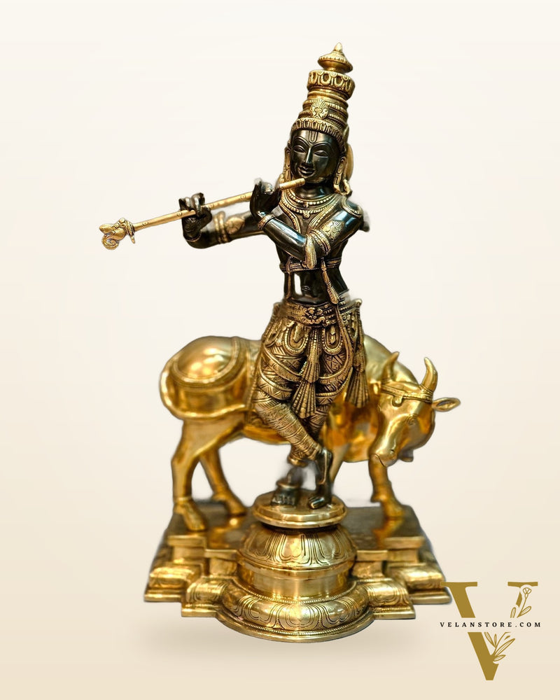 Brass Superfine Krishna With Cow Sculpture - Handcrafted Brass, 25.5" Tall, 26kg